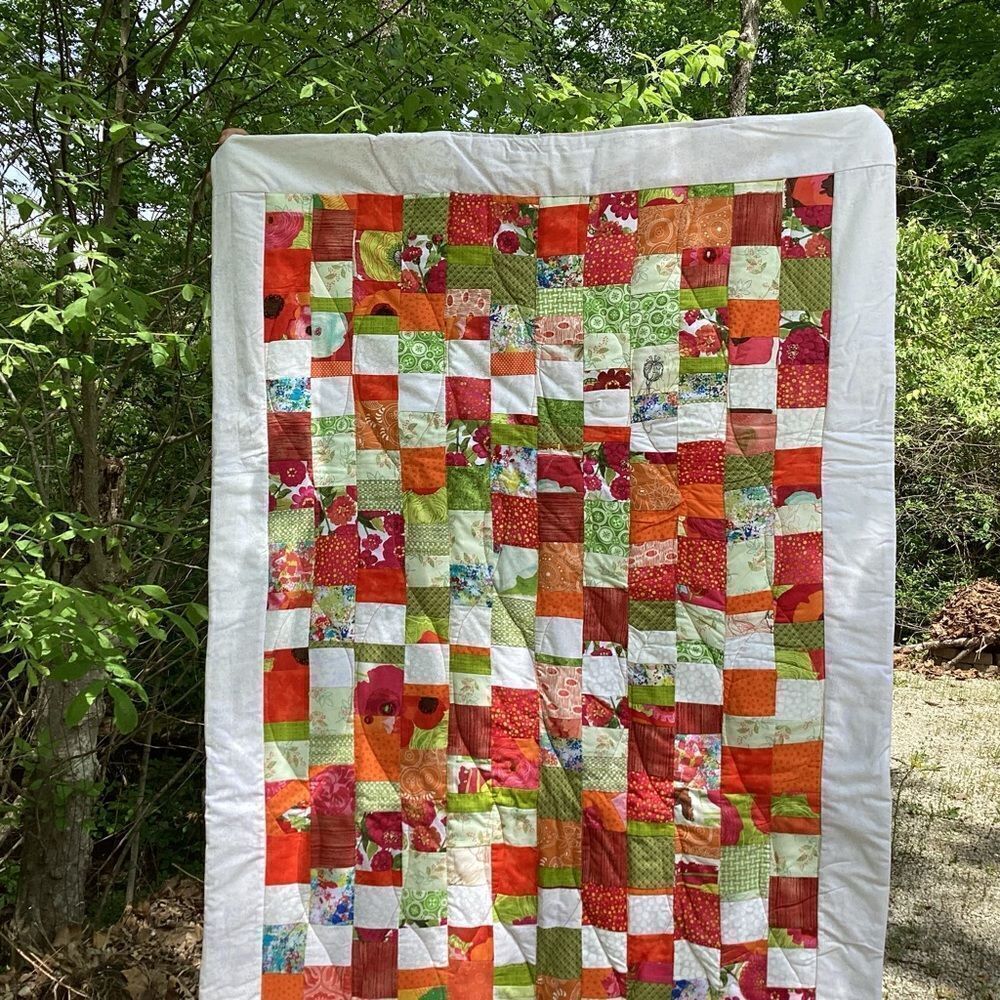 New With Tags. Bright Summer Orange and Green Garden Coin Lap Quilt - Picture 6 of 16